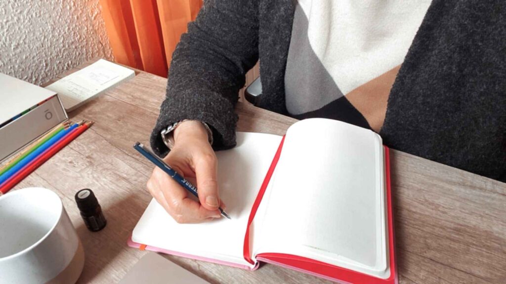 Dieses Bild zeigt ein aufgeschlagenes Notizbuch, in das Ideen, Inspirationen und Gedanken für ein neues Buchprojekt eingetragen werden.