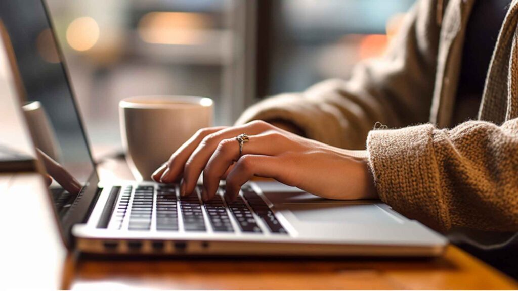 Eine Person sitzt am Laptop und übt Schreibtechniken, die sie dazu verwenden kann, um ein eigenes Buch zu schreiben.