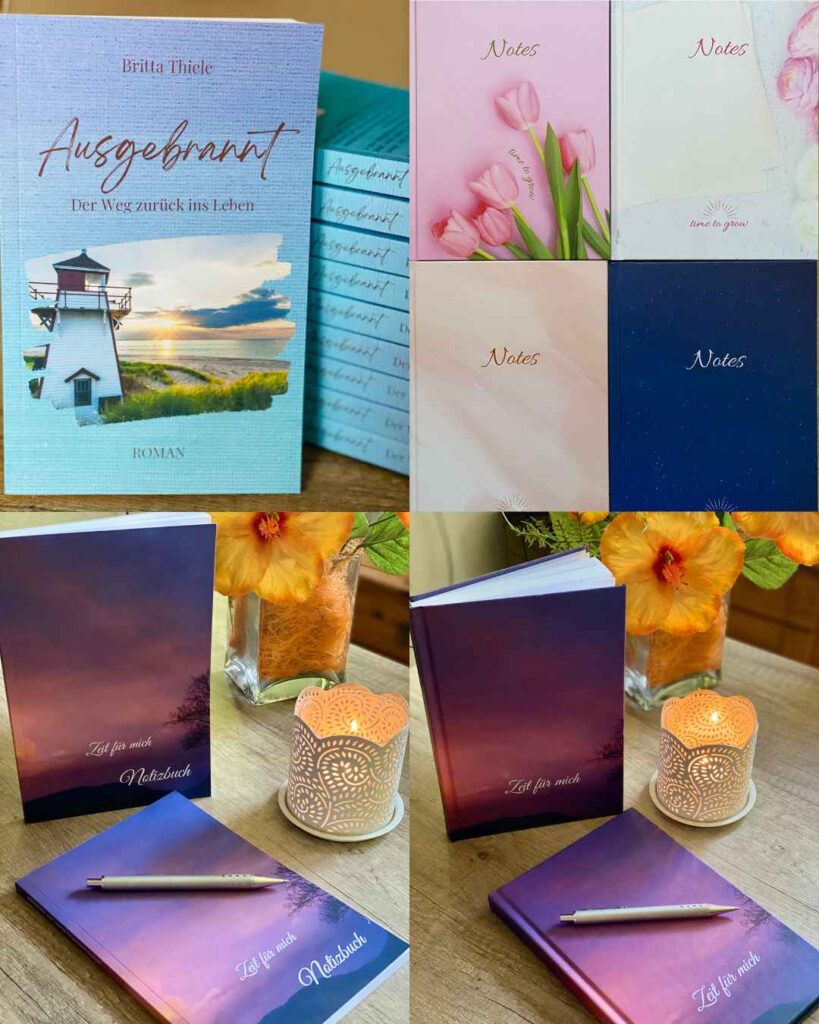 Meine gesamten Bücher sind dargestellt: mein Roman "Ausgebrannt - Der Weg zurück ins Leben", mein Notizbuch, mein Journal für Einsteiger und mein Journal für Fortgeschrittene in rosa, weiß, beige und blau.