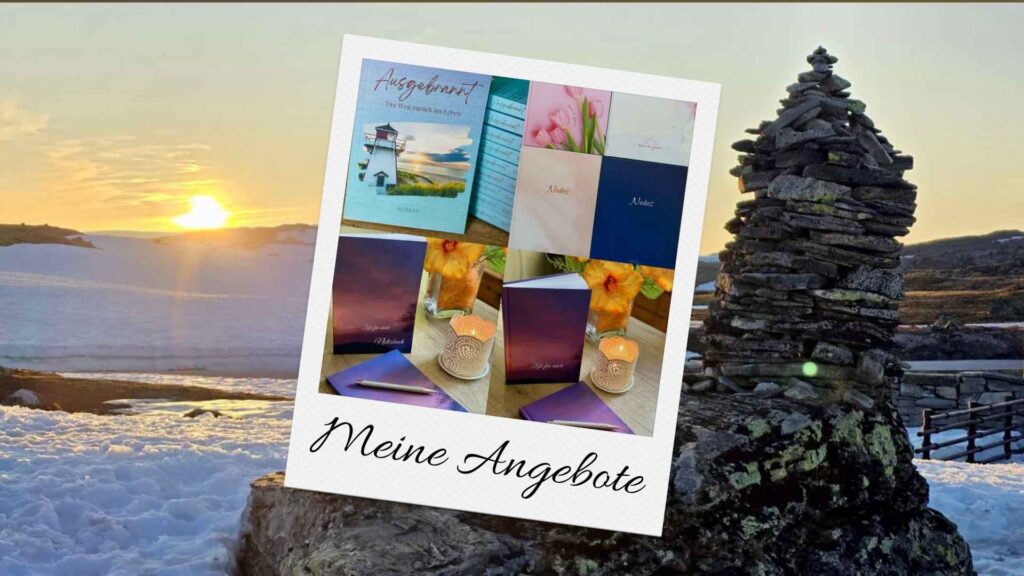 Gipfelpunkt am Nordkap - eingeblendet ist Bild, auf dem alle meine bisher produzierten Bücher zu sehen sind mit dem Untertitel: "Meine Angebote".