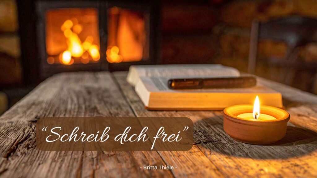 Ein alter Holztisch, auf dem eine brennende Kerze steht. Dahinter liegt ein Buch und ein Stift, als wolle jemand etwas aufschreiben. Im Hintergrund flackert das Feuer in einem Kaminofen. Das Bild trägt den Titel: "Schreib dich frei", was der Titel meines neuen Programms ist.